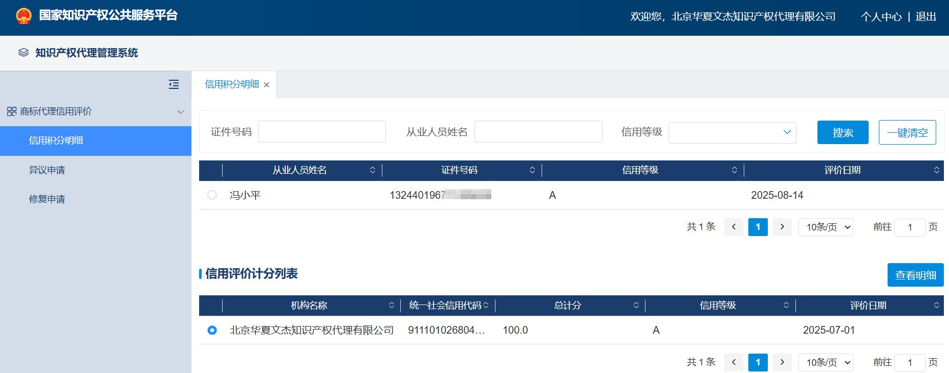 商标代理信用评价评分截图